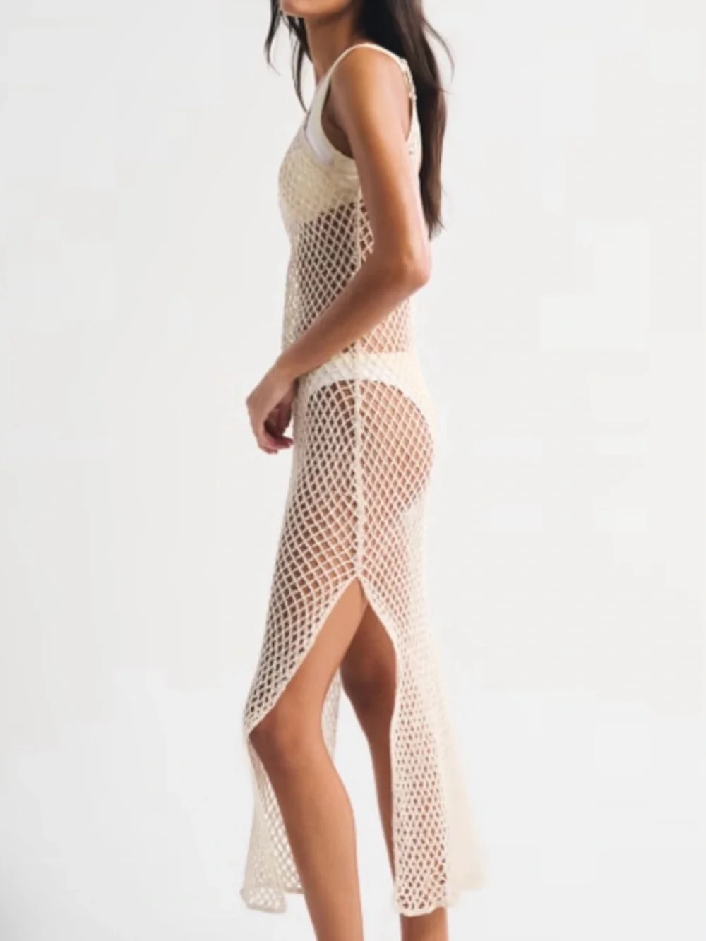 Abercrombie & Fitch Crochet-Style Scoopneck Maxi Dress Coverup - Cream XS - Picture 3 of 6